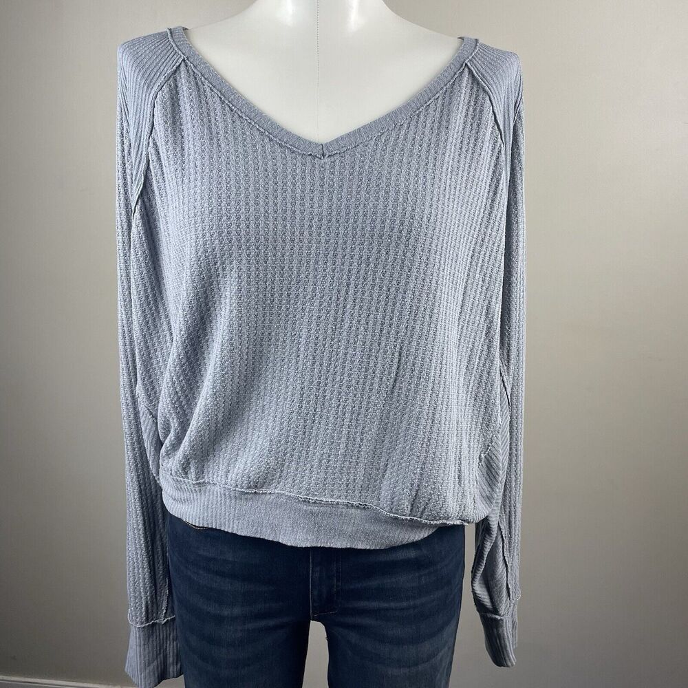 We The Free Light Blue Waffle Knit Long Sleeve V-Neck Top